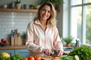 Femme en tenue pastel coupe légumes dans une cuisine lumineuse