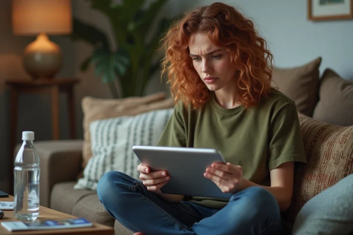 Femme perplexe consultant une erreur de connexion sur sa tablette en cherchant une alternative à son site de torrents habituel