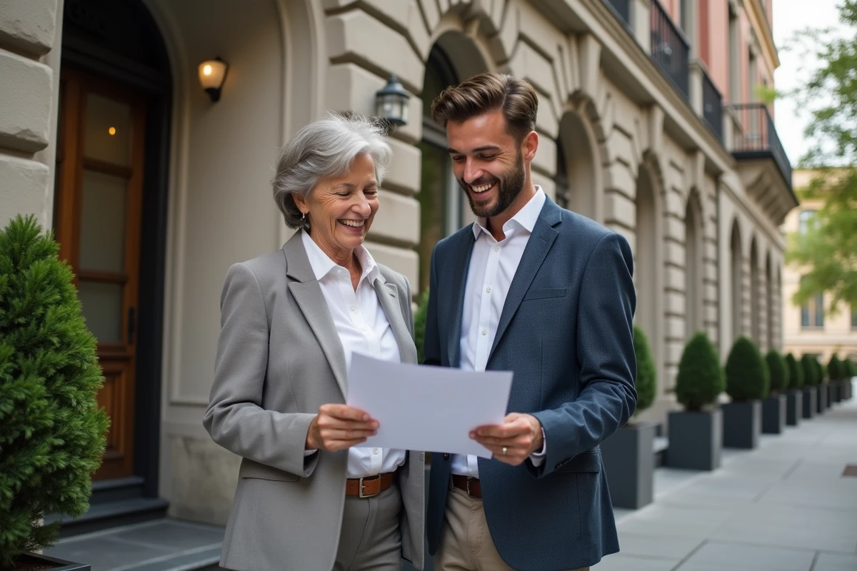 Femme et jeune homme regardent des documents immobiliers devant un immeuble