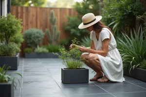 Femme en robe en lin arrangeant des plantes sur une terrasse moderne