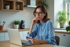 Femme réfléchie avec ordinateur dans une cuisine lumineuse
