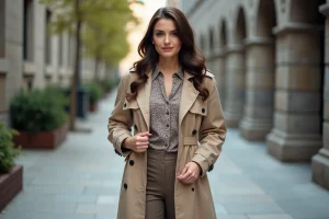 Femme élégante ajustant un trench en ville