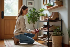 Femme arrangeant un porte-chaussures dans l'entrée chaleureuse