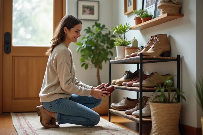 Femme arrangeant un porte-chaussures dans l'entrée chaleureuse