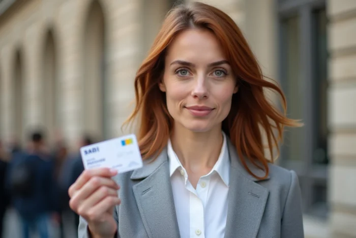 Femme tenant un permis de conduire B2 devant une préfecture française