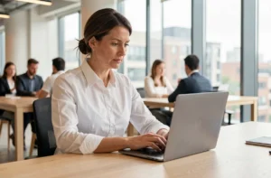 Femme professionnelle utilisant une adresse mail Laposte sur son ordinateur portable dans un bureau moderne