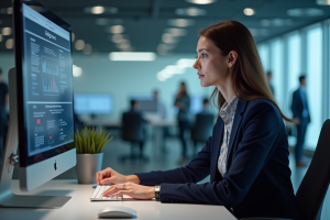 Jeune femme professionnelle analysant un site web moderne