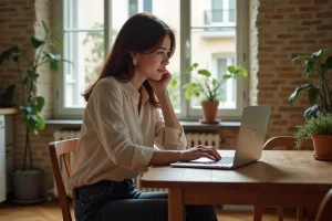 Femme consultant des annonces immobilières sur un ordinateur portable dans un appartement parisien chaleureux