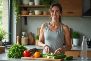 Femme souriante préparant une salade dans une cuisine moderne
