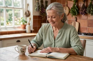 Femme de 60 ans souriant dans une cuisine chaleureuse, prenant soin d'elle en notant ses habitudes bien-être au quotidien