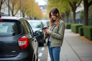 Femme souriante vérifiant son smartphone près de sa voiture à Rennes