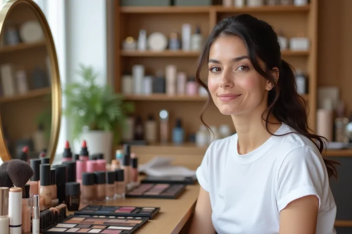 Femme entourée de palettes de maquillage et produits cosmétiques variés sur une coiffeuse professionnelle dans un studio beauté élégant