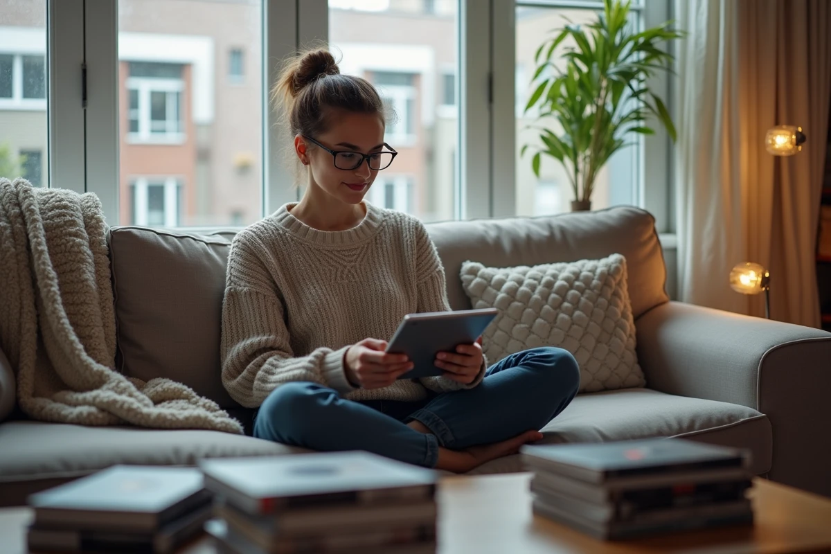Femme avec tablette assise sur un canapé dans le salon