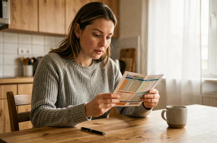 Femme étudiant un ticket EuroMillions avec l'étoile sur une table en bois dans une cuisine moderne