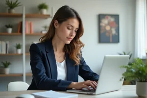 Jeune femme professionnelle travaillant sur son ordinateur à domicile
