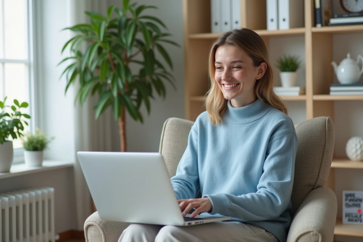 Jeune femme travaillant sur son ordinateur dans un espace cosy