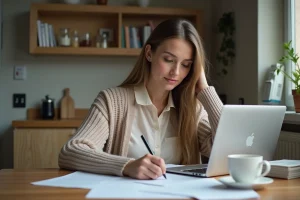 Jeune femme travaillant à la maison avec papiers et ordinateur