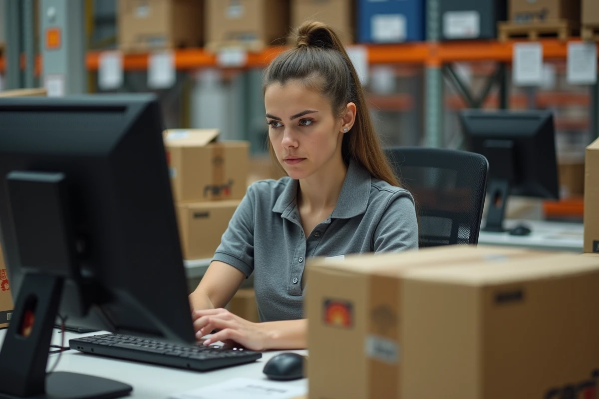 Jeune femme au bureau avec colis et ordinateur