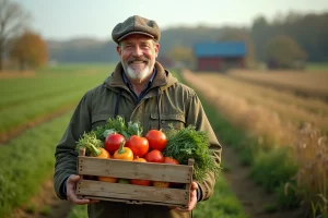 Fermeur souriant tenant un panier de légumes frais en automne