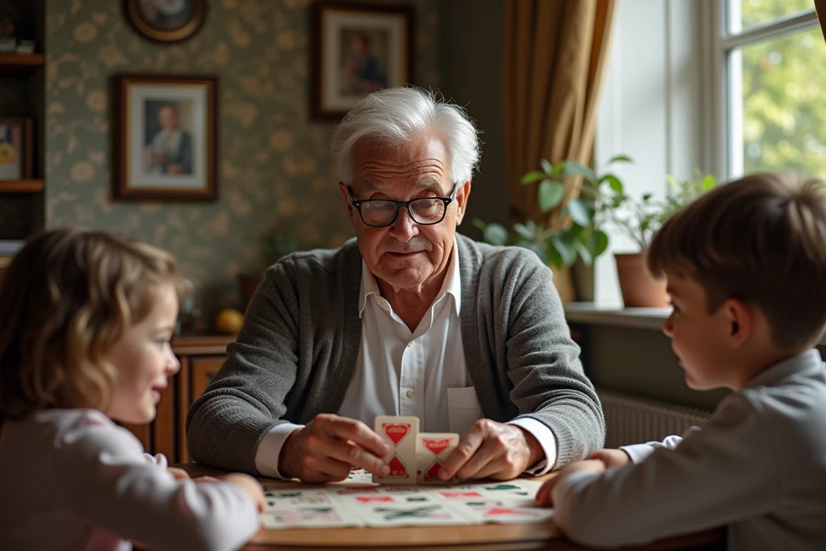 Grand-pere et enfants jouant aux cartes dans un salon accueillant