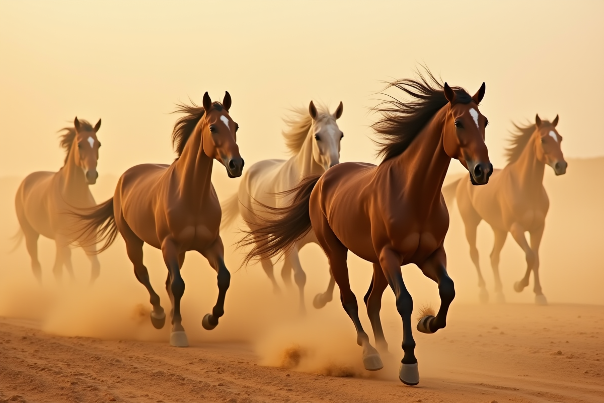 Groupe de chevaux arabes galopant en terrain poussiéreux