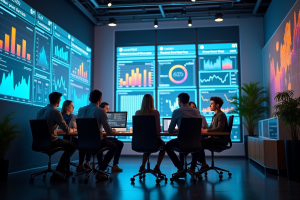 Groupe de data scientists collaborant dans un bureau moderne avec écrans analytiques