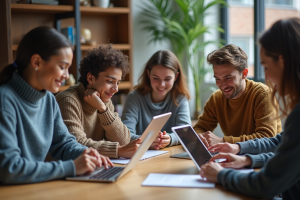 Groupe d'étudiants universitaires en discussion