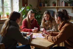 Groupe de jeunes jouant aux cartes dans un appartement chaleureux