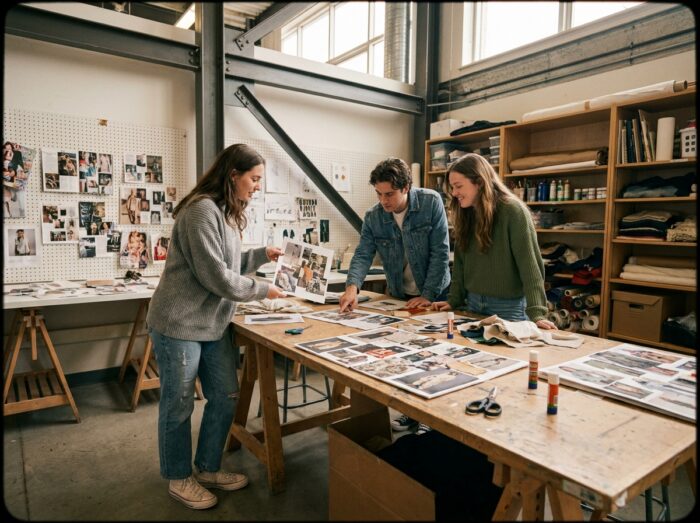 Groupe de lycéens créatifs collaborant sur un projet artistique dans un studio de formation en arts visuels et mode après le bac