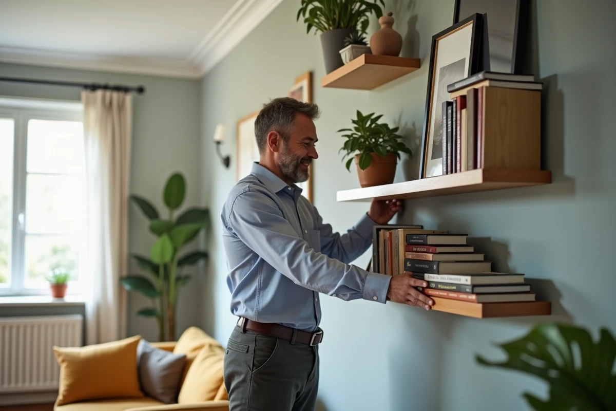 Homme ajustant des étagères modernes dans le salon lumineux