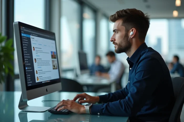 Homme professionnel passant un appel via WhatsApp Web sur un grand écran de bureau dans un open space moderne