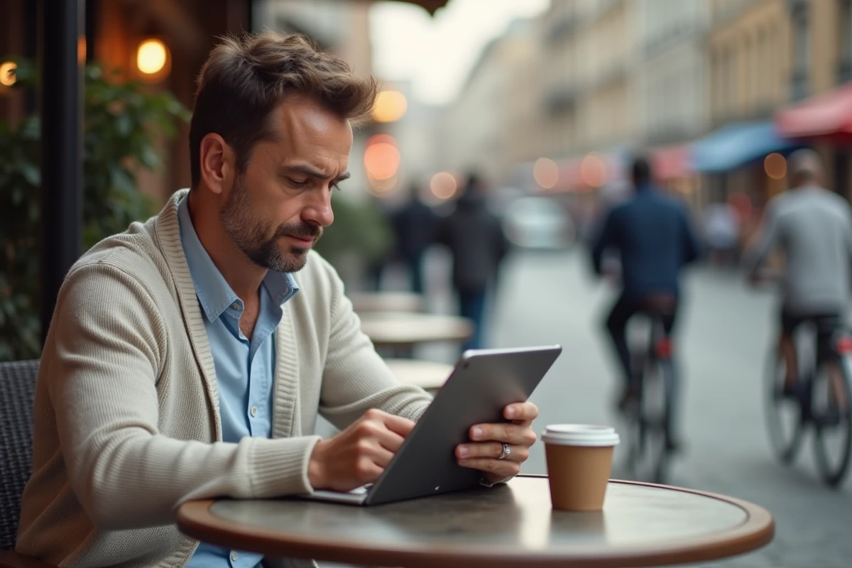 Homme travaillant au café avec tablette et café