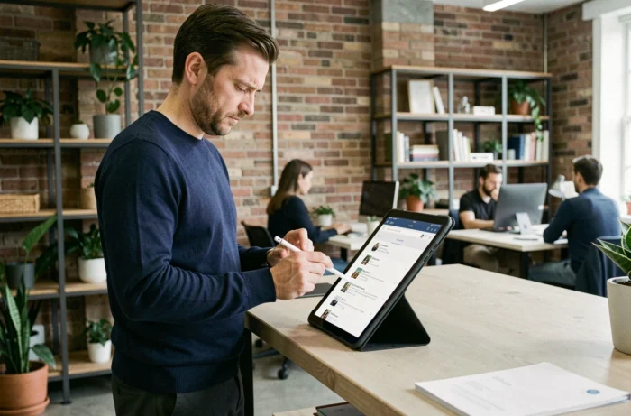 Homme en espace de coworking consultant ses emails professionnels sur une tablette numérique