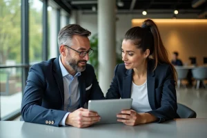 Homme d'âge moyen et jeune femme examinent une tablette dans un espace coworking