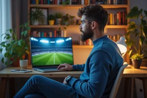 Homme regardant un match de football sur son ordinateur à la maison