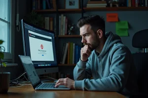 Homme frustré face à un message d'erreur sur son navigateur après l'inaccessibilité d'un site de torrents