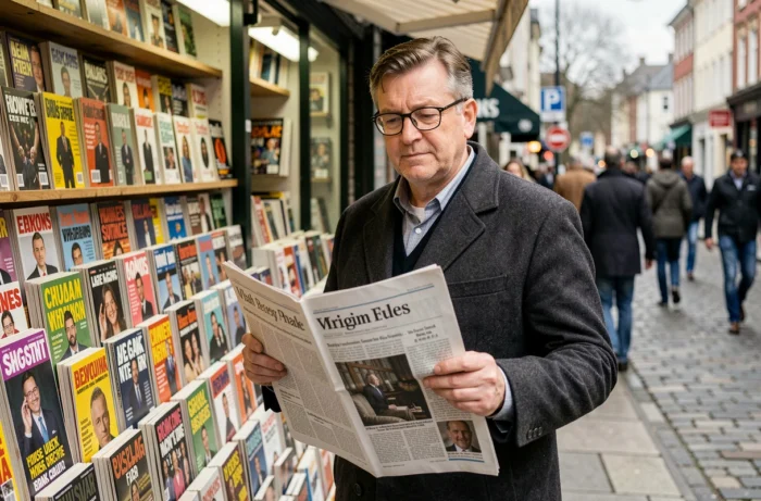 Homme lisant un journal imprimé devant un kiosque à journaux en ville