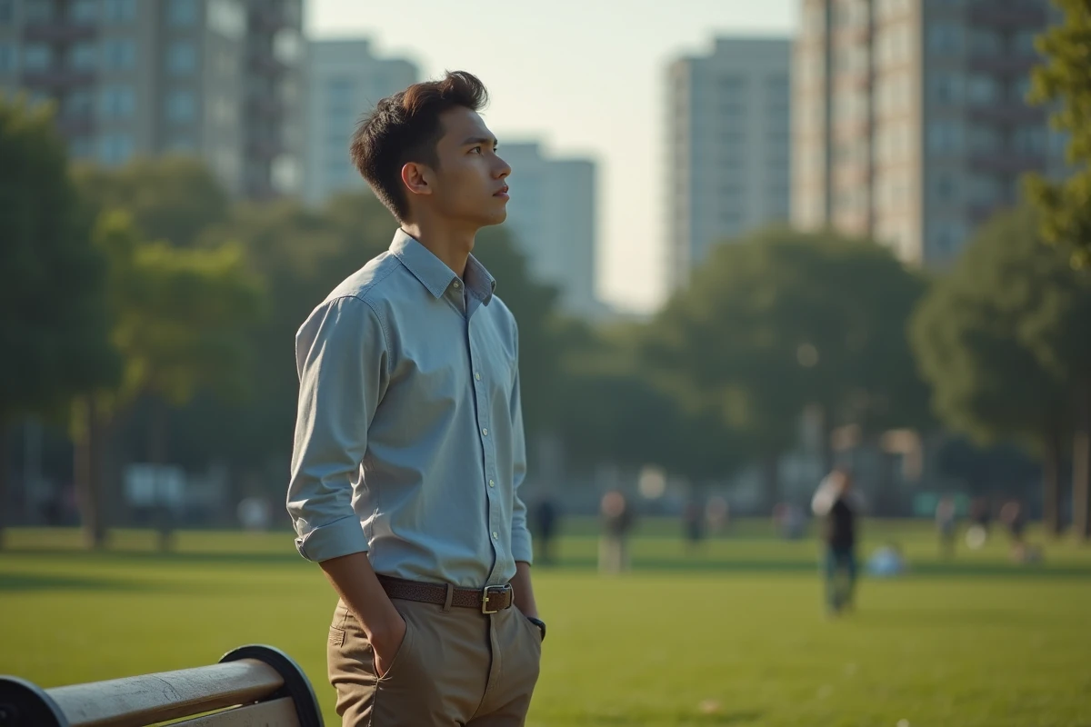 Jeune homme seul assis sur un banc dans un parc