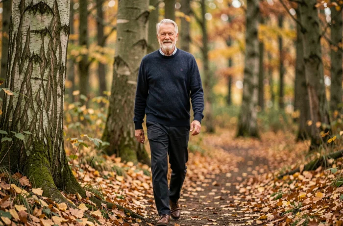 Homme senior actif marchant en forêt en automne, illustrant l'importance de l'activité physique pour bien vieillir après 60 ans