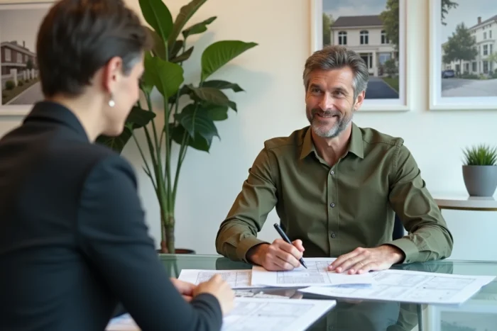 Homme signant un contrat de location avec un agent immobilier dans une agence moderne en France