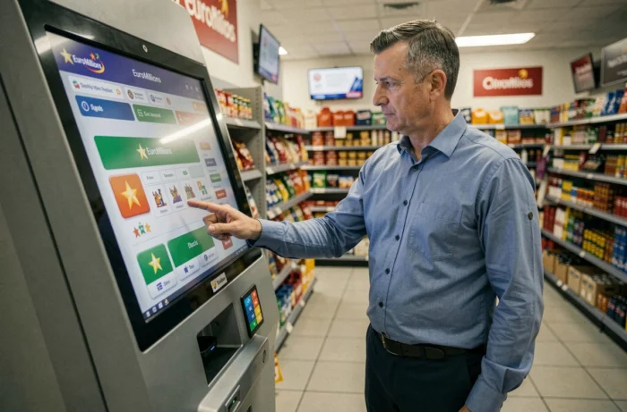 Homme sélectionnant l'option étoile EuroMillions sur un terminal de loterie en magasin