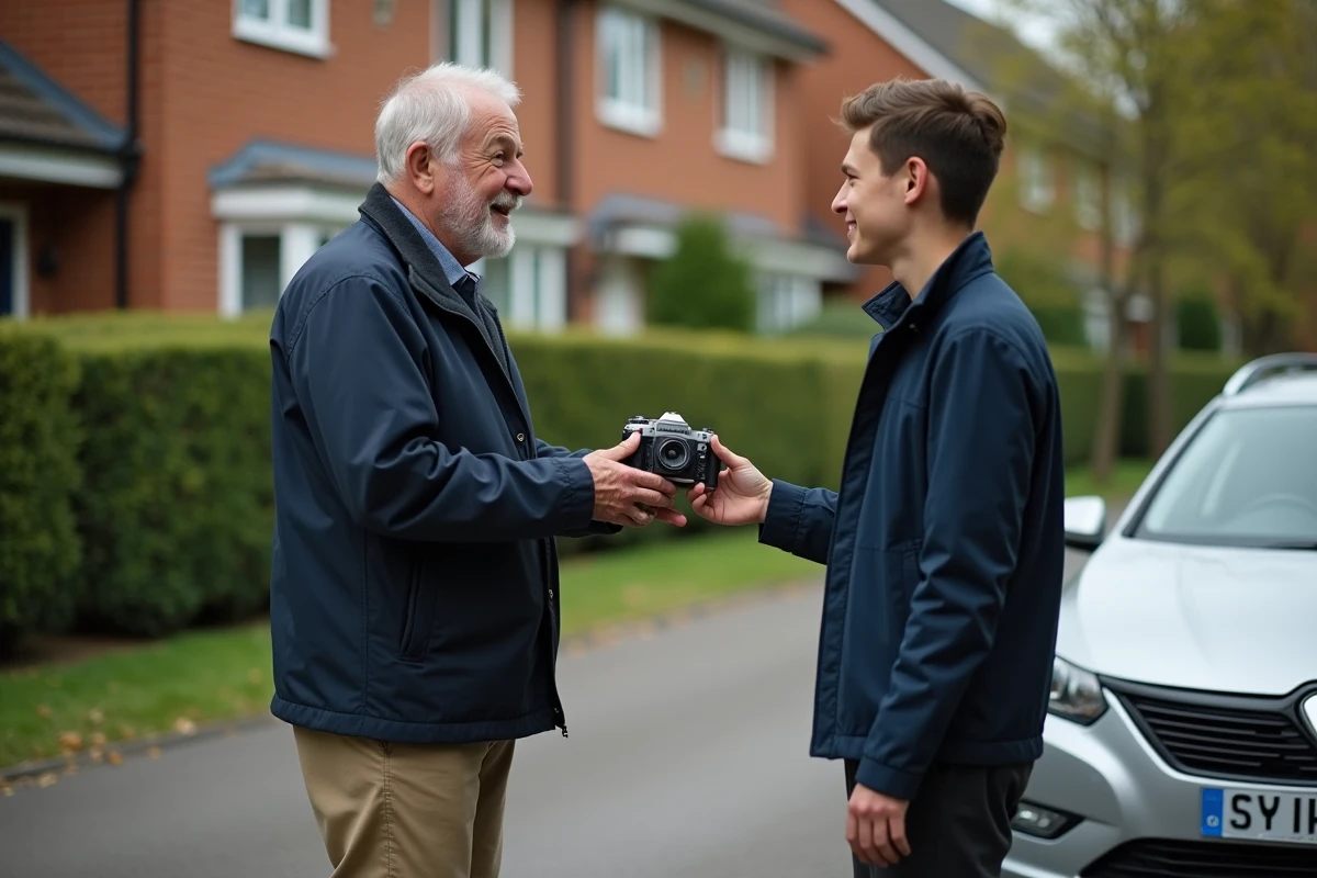 Homme remettant un appareil photo à un jeune acheteur devant une voiture