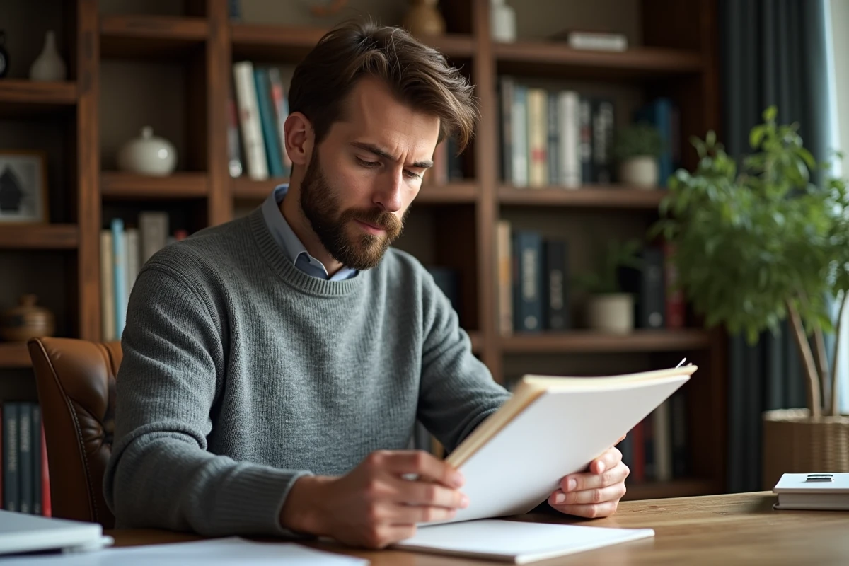Homme avec dossier dans un bureau cosy et organisé