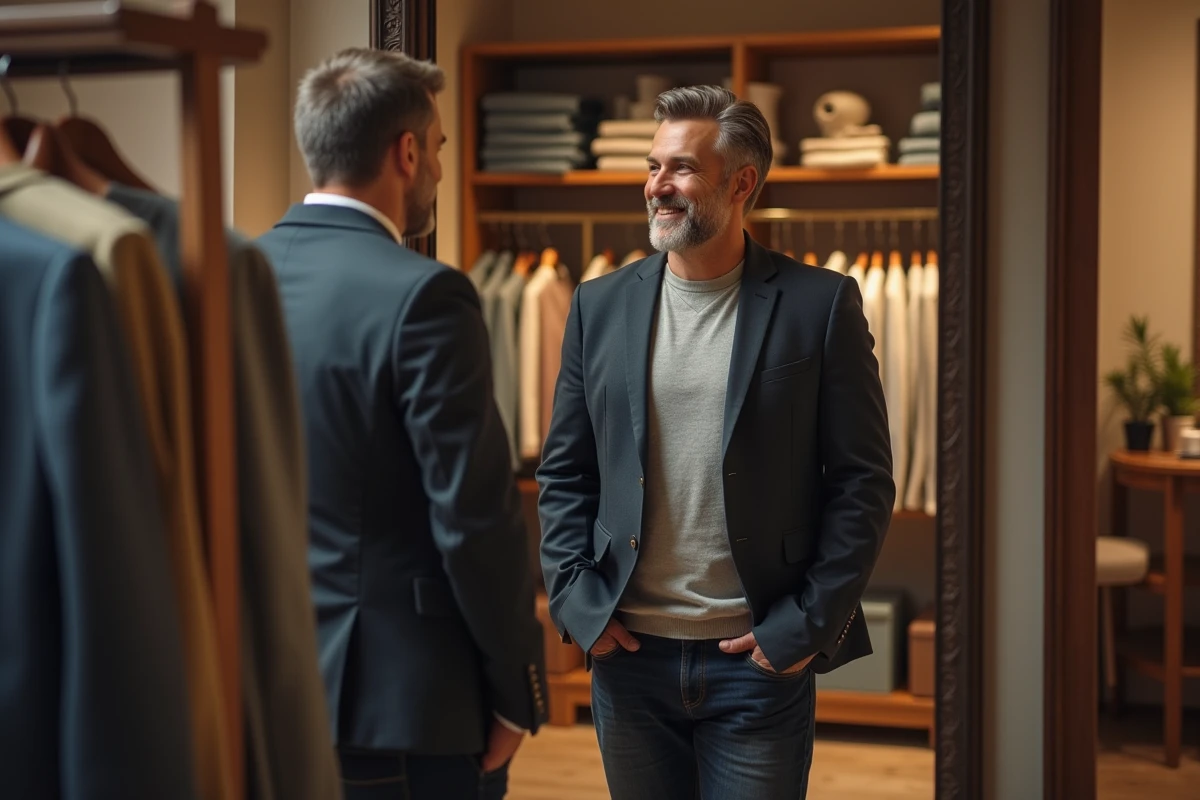 Homme souriant essayant un blazer en boutique