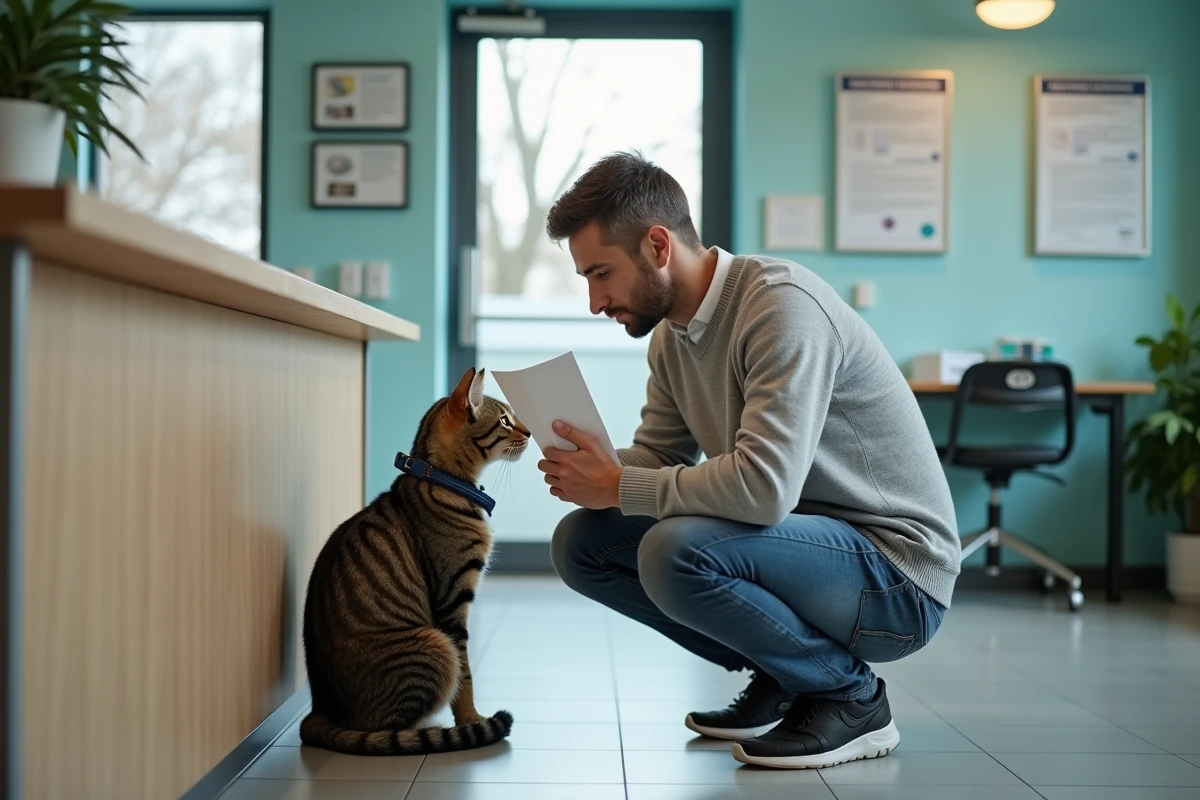 Homme avec un chat senior à la reception d