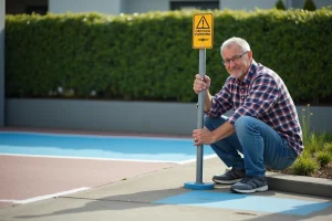 Homme installant un panneau de stationnement devant une maison