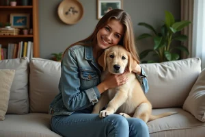Jeune femme en denim avec un chiot golden retriever dans un salon chaleureux