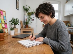 Jeune femme en train de dessiner un logo sur un notepad dans une cuisine chaleureuse