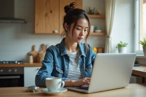 Jeune femme lisant des actualités sur son ordinateur portable
