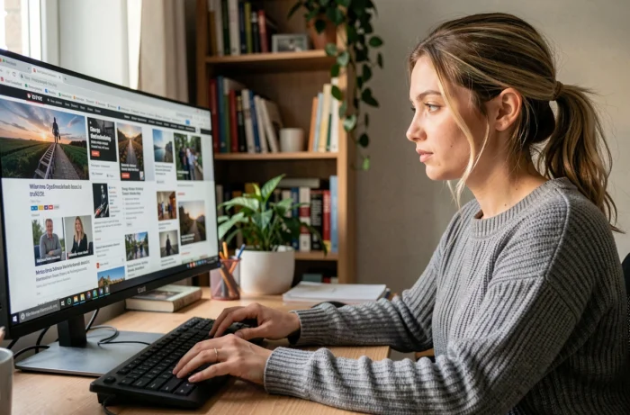 Jeune femme recherchant les dernières informations et actualités sur ordinateur à domicile